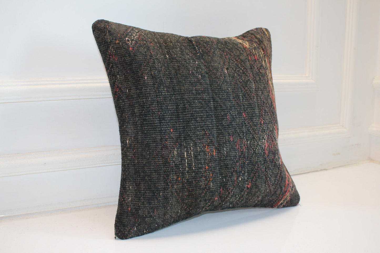 Dark Kilim Cushion, Moody Boho Decor, Handmade Anatolian Rug Pillow(16x16 in)