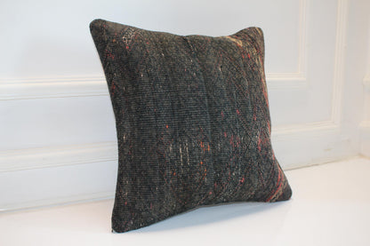 Dark Kilim Cushion, Moody Boho Decor, Handmade Anatolian Rug Pillow(16x16 in)