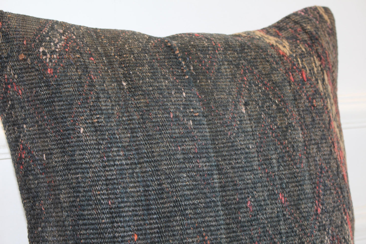 Dark Kilim Cushion, Moody Boho Decor, Handmade Anatolian Rug Pillow(16x16 in)