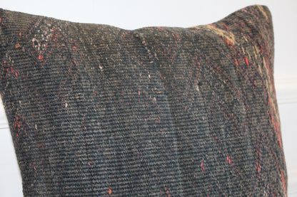 Dark Kilim Cushion, Moody Boho Decor, Handmade Anatolian Rug Pillow(16x16 in)