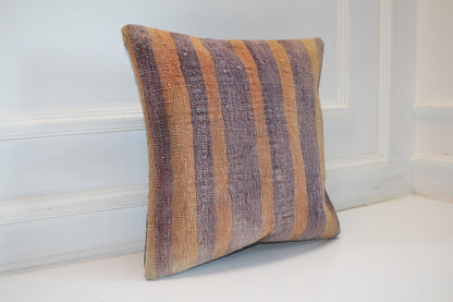 Soft Striped Kilim Cushion, Muted Earth Tone Boho Decor, Handmade Anatolian Rug Pillow(16x16 in)