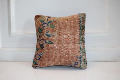 Subtle Floral Kilim Cushion, Soft Earth Tone Boho Decor, Handmade Anatolian Rug Pillow(16x16 in)