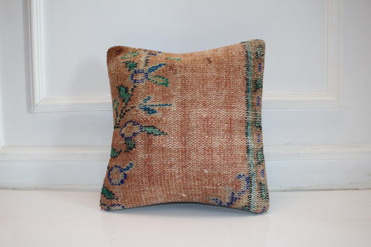 Subtle Floral Kilim Cushion, Soft Earth Tone Boho Decor, Handmade Anatolian Rug Pillow(16x16 in)