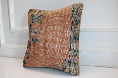 Subtle Floral Kilim Cushion, Soft Earth Tone Boho Decor, Handmade Anatolian Rug Pillow(16x16 in)
