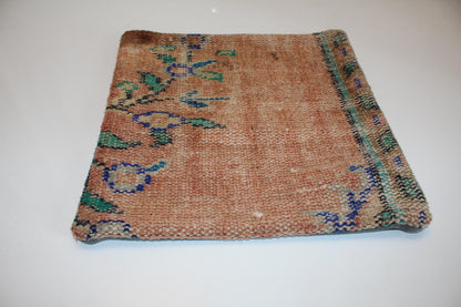 Subtle Floral Kilim Cushion, Soft Earth Tone Boho Decor, Handmade Anatolian Rug Pillow(16x16 in)