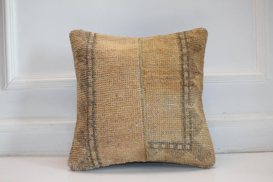 Minimal Neutral Kilim Cushion, Textured Earth Tone Boho Decor, Handmade Anatolian Rug Pillow(16x16 in)