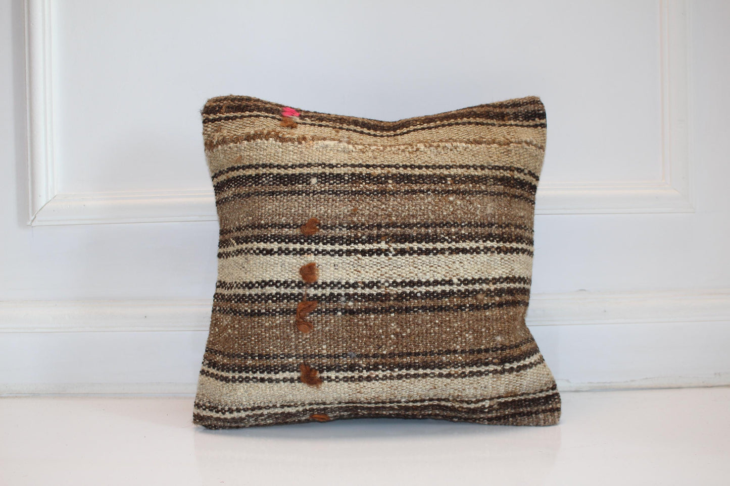 Striped Neutral Kilim Cushion, Rustic Earth Tone Boho Decor, Handmade Anatolian Rug Pillow(16x16 in)