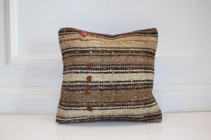Striped Neutral Kilim Cushion, Rustic Earth Tone Boho Decor, Handmade Anatolian Rug Pillow(16x16 in)
