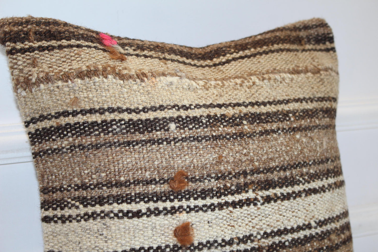 Striped Neutral Kilim Cushion, Rustic Earth Tone Boho Decor, Handmade Anatolian Rug Pillow(16x16 in)