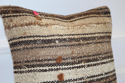 Striped Neutral Kilim Cushion, Rustic Earth Tone Boho Decor, Handmade Anatolian Rug Pillow(16x16 in)
