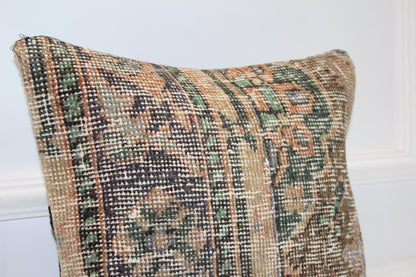 Faded Floral Kilim Cushion, Muted Earth Tone Boho Decor, Handmade Anatolian Rug Pillow(16x16 in)