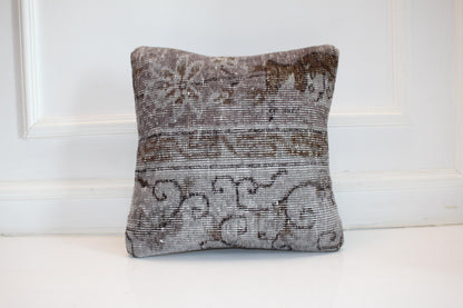 Faded Gray Kilim Cushion, Soft Neutral Boho Decor, Muted Anatolian Rug Pillow(16x16 in)