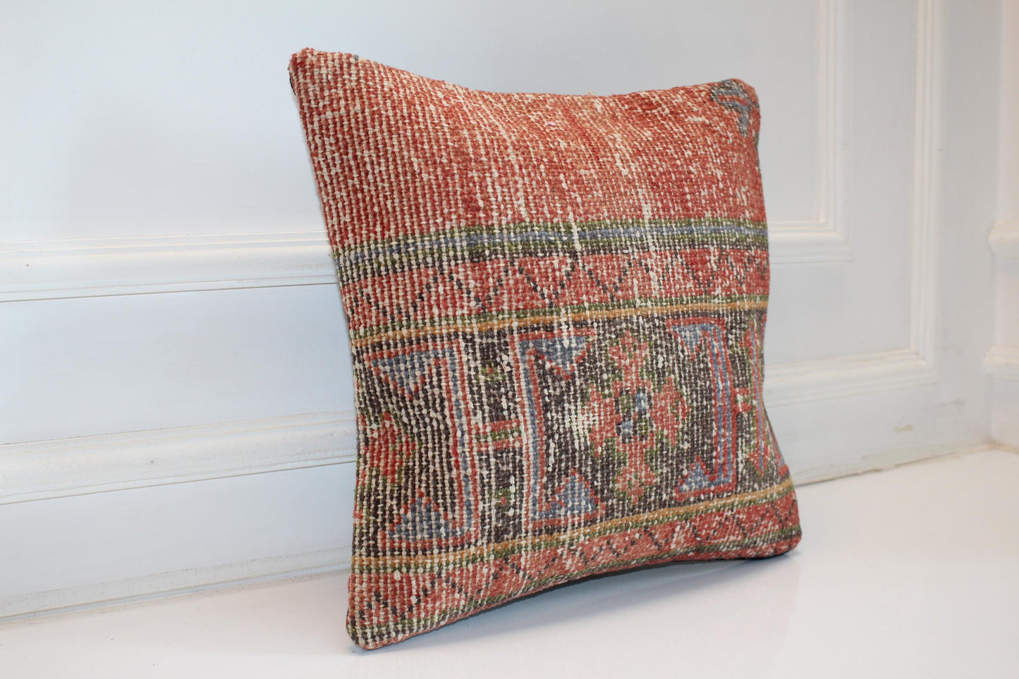 Faded Terracotta Kilim Cushion, Earthy Boho Decor, Handmade Anatolian Rug Pillow(16x16 in)