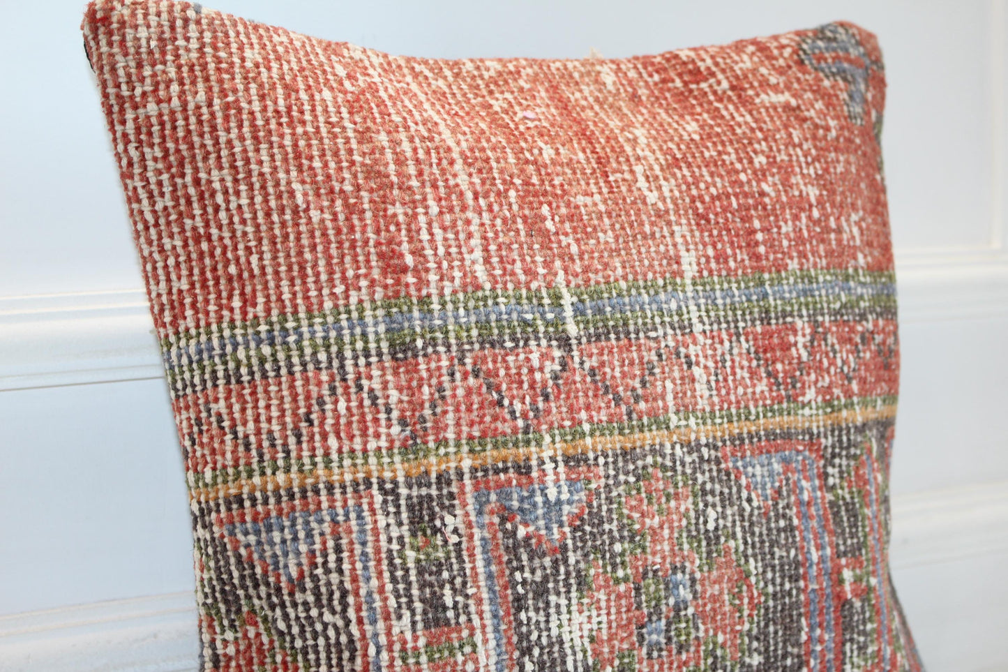 Faded Terracotta Kilim Cushion, Earthy Boho Decor, Handmade Anatolian Rug Pillow(16x16 in)