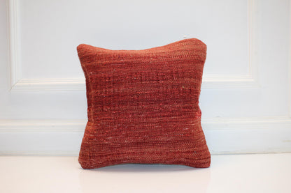 Solid Terracotta Kilim Cushion, Minimal Boho Decor, Handmade Anatolian Rug Pillow(16x16 in)