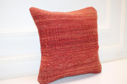Solid Terracotta Kilim Cushion, Minimal Boho Decor, Handmade Anatolian Rug Pillow(16x16 in)
