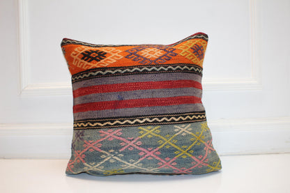 Handwoven Anatolian Rug Cushion, Colorful Boho Tribal Ethnic Home Decor18x18 inch