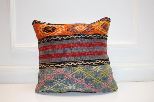 Handwoven Anatolian Rug Cushion, Colorful Boho Tribal Ethnic Home Decor18x18 inch