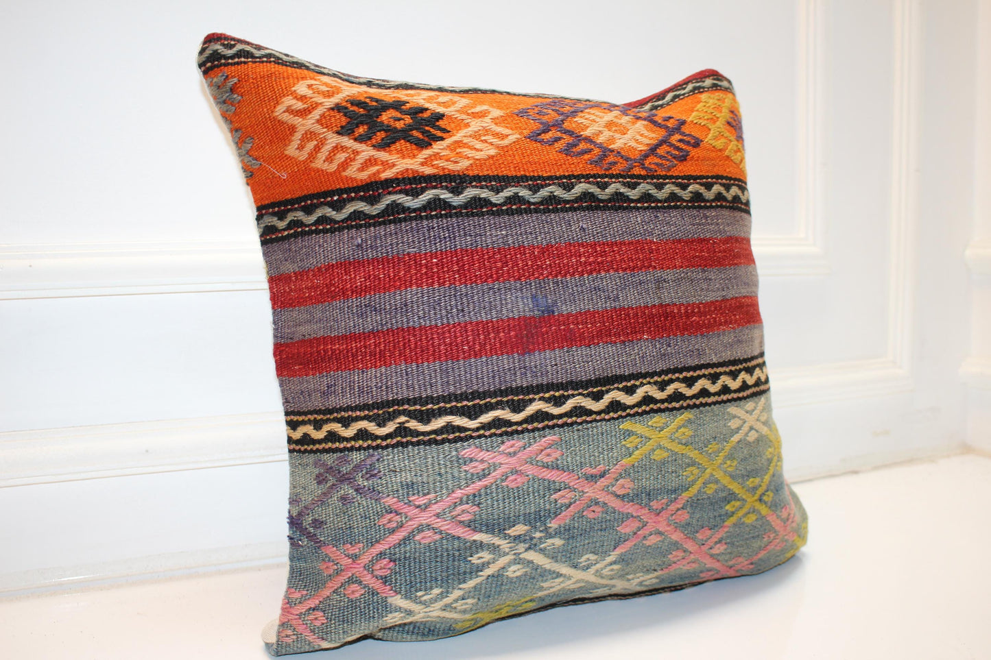 Handwoven Anatolian Rug Cushion, Colorful Boho Tribal Ethnic Home Decor18x18 inch