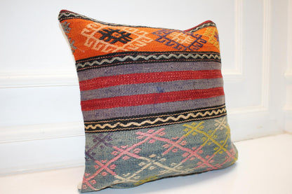 Handwoven Anatolian Rug Cushion, Colorful Boho Tribal Ethnic Home Decor18x18 inch