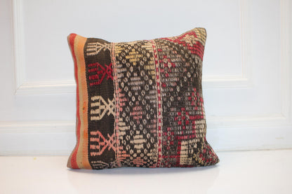 Handwoven Anatolian Rug Cushion, Dark Boho Tribal Ethnic Sofa Decor18x18 inch