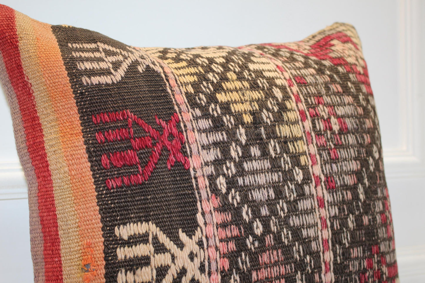 Handwoven Anatolian Rug Cushion, Dark Boho Tribal Ethnic Sofa Decor18x18 inch