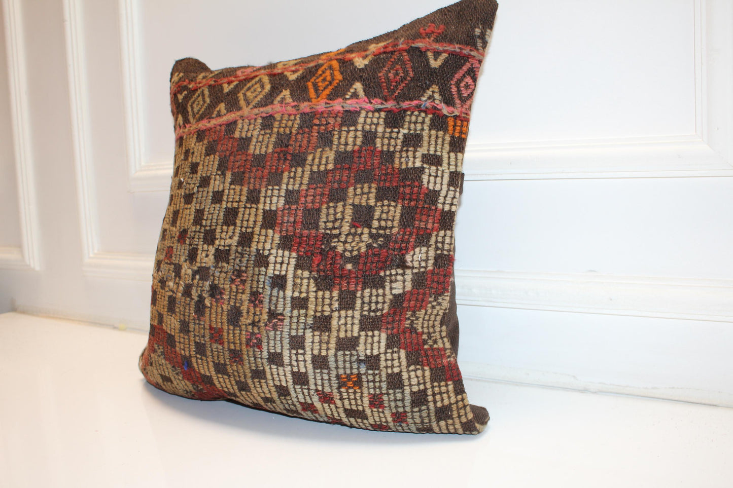 Handwoven Kilim Pillow Cover, Earth Tone Tribal Rug Cushion, 18x18 inch