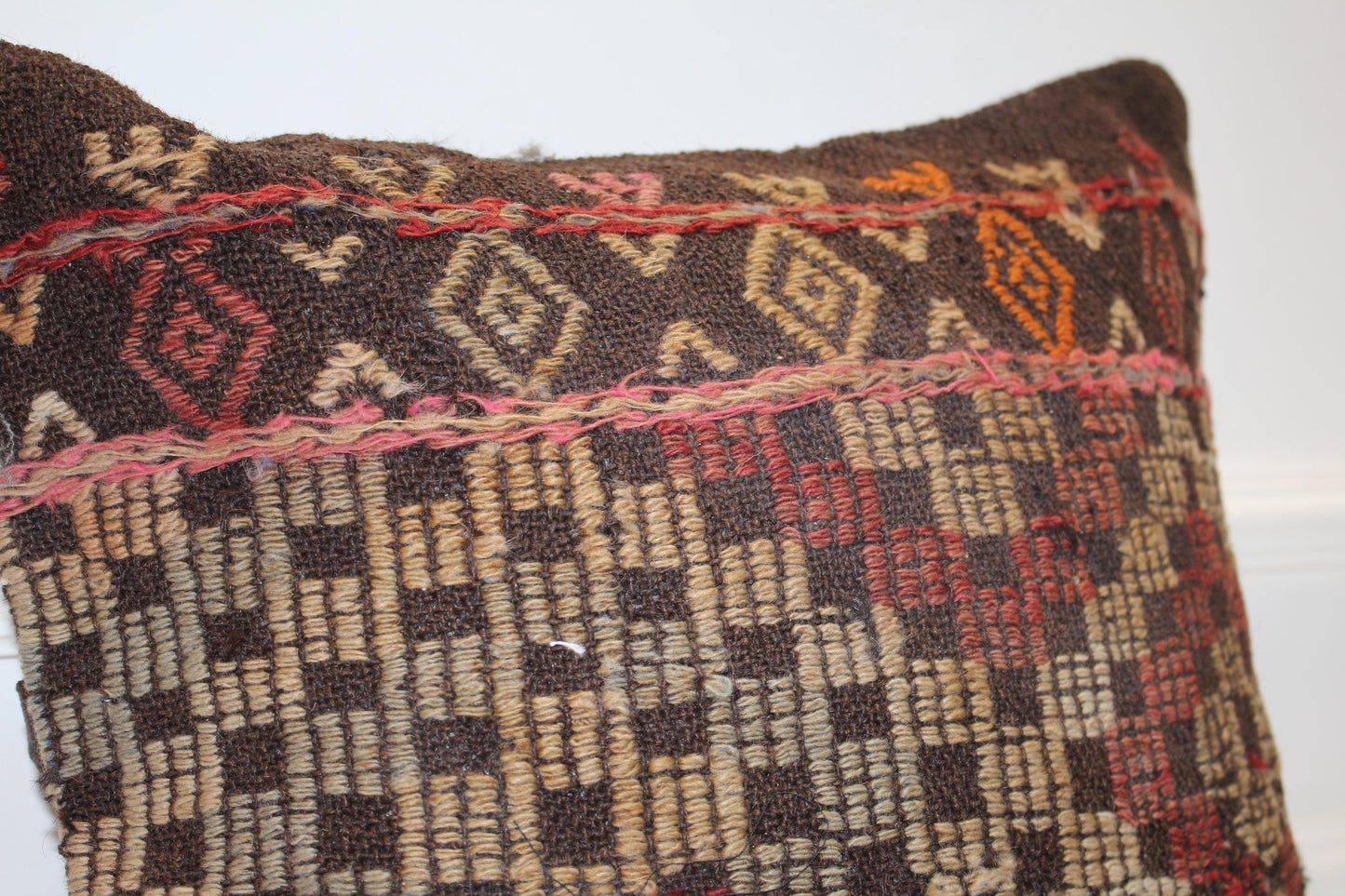 Handwoven Kilim Pillow Cover, Earth Tone Tribal Rug Cushion, 18x18 inch