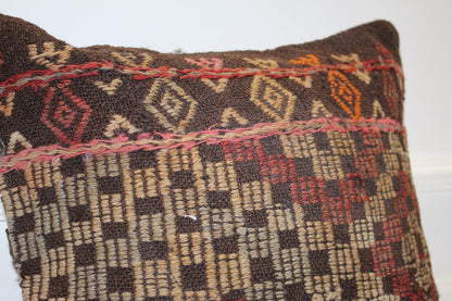 Handwoven Kilim Pillow Cover, Earth Tone Tribal Rug Cushion, 18x18 inch