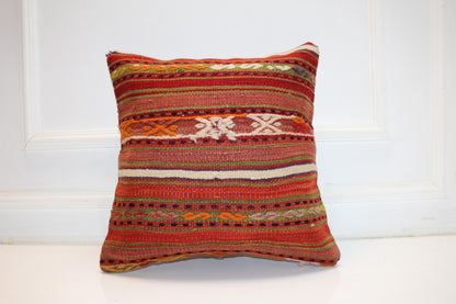 Striped Handwoven Anatolian Rug Cushion, Warm Rustic Boho Ethnic Decor 18x18 inch
