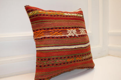 Striped Handwoven Anatolian Rug Cushion, Warm Rustic Boho Ethnic Decor 18x18 inch