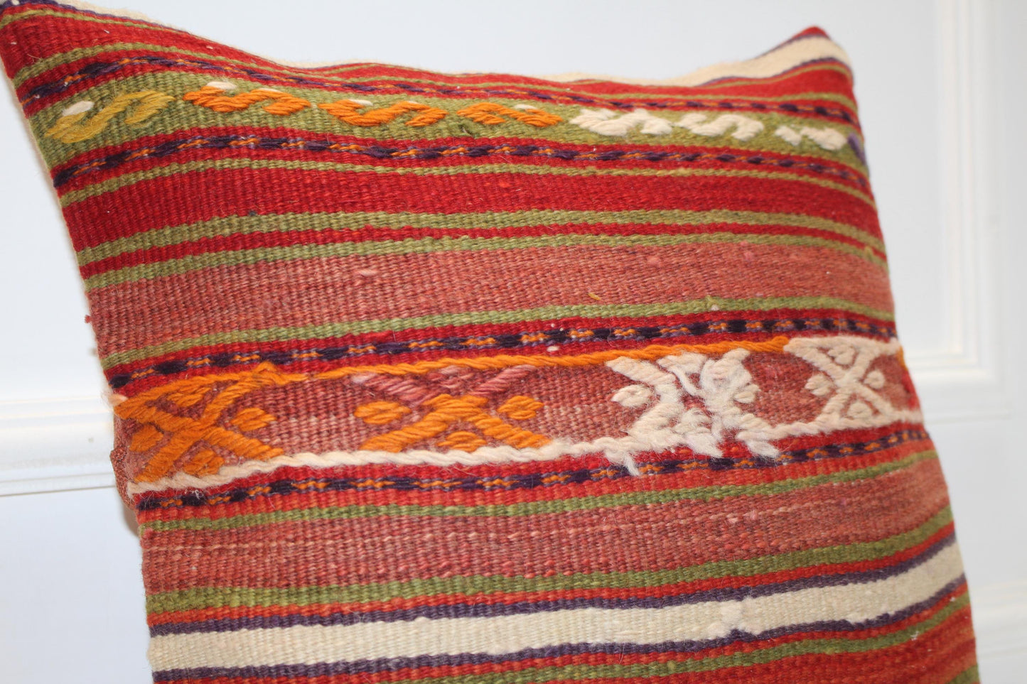 Striped Handwoven Anatolian Rug Cushion, Warm Rustic Boho Ethnic Decor 18x18 inch