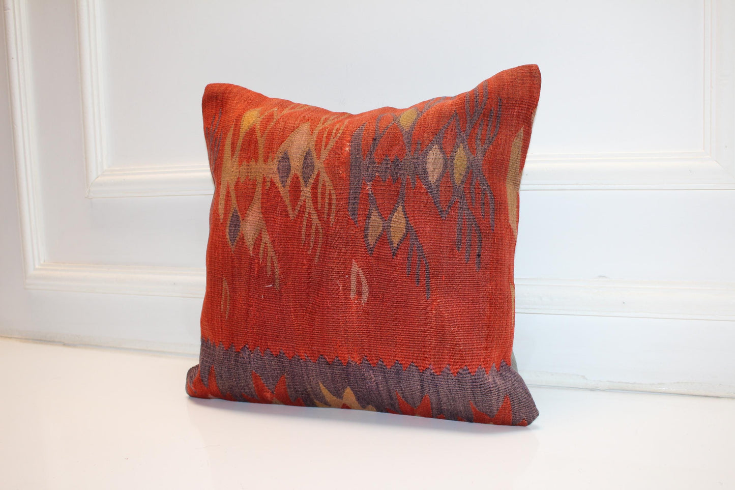 Handmade Kilim Pillow Cover, Red Ikat Style, Boho Decor (16x16 in)
