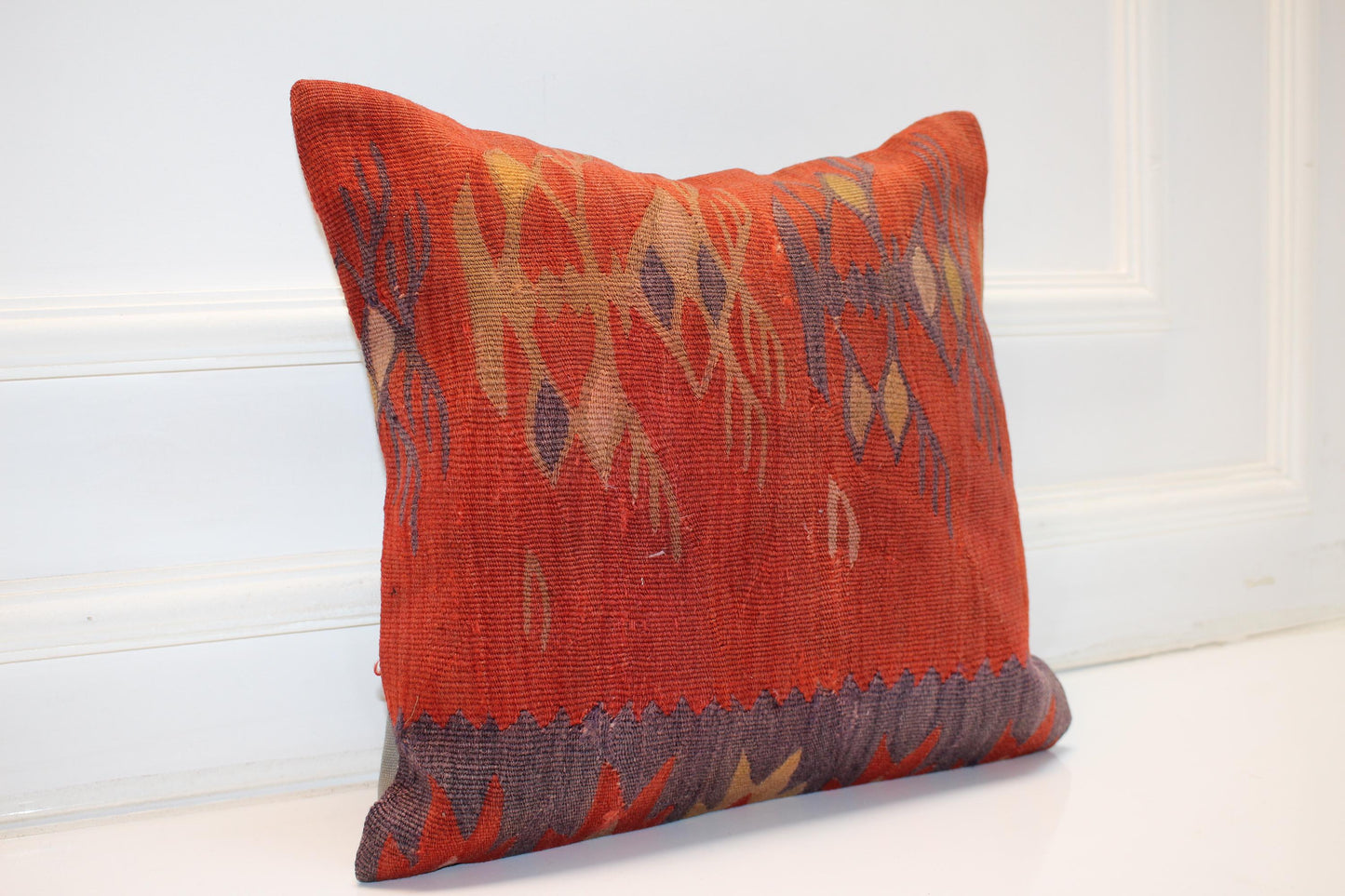 Handmade Kilim Pillow Cover, Red Ikat Style, Boho Decor (16x16 in)