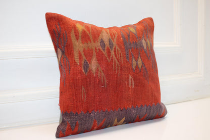 Handmade Kilim Pillow Cover, Red Ikat Style, Boho Decor (16x16 in)