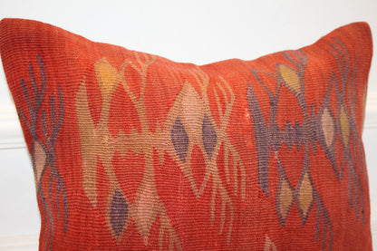 Handmade Kilim Pillow Cover, Red Ikat Style, Boho Decor (16x16 in)