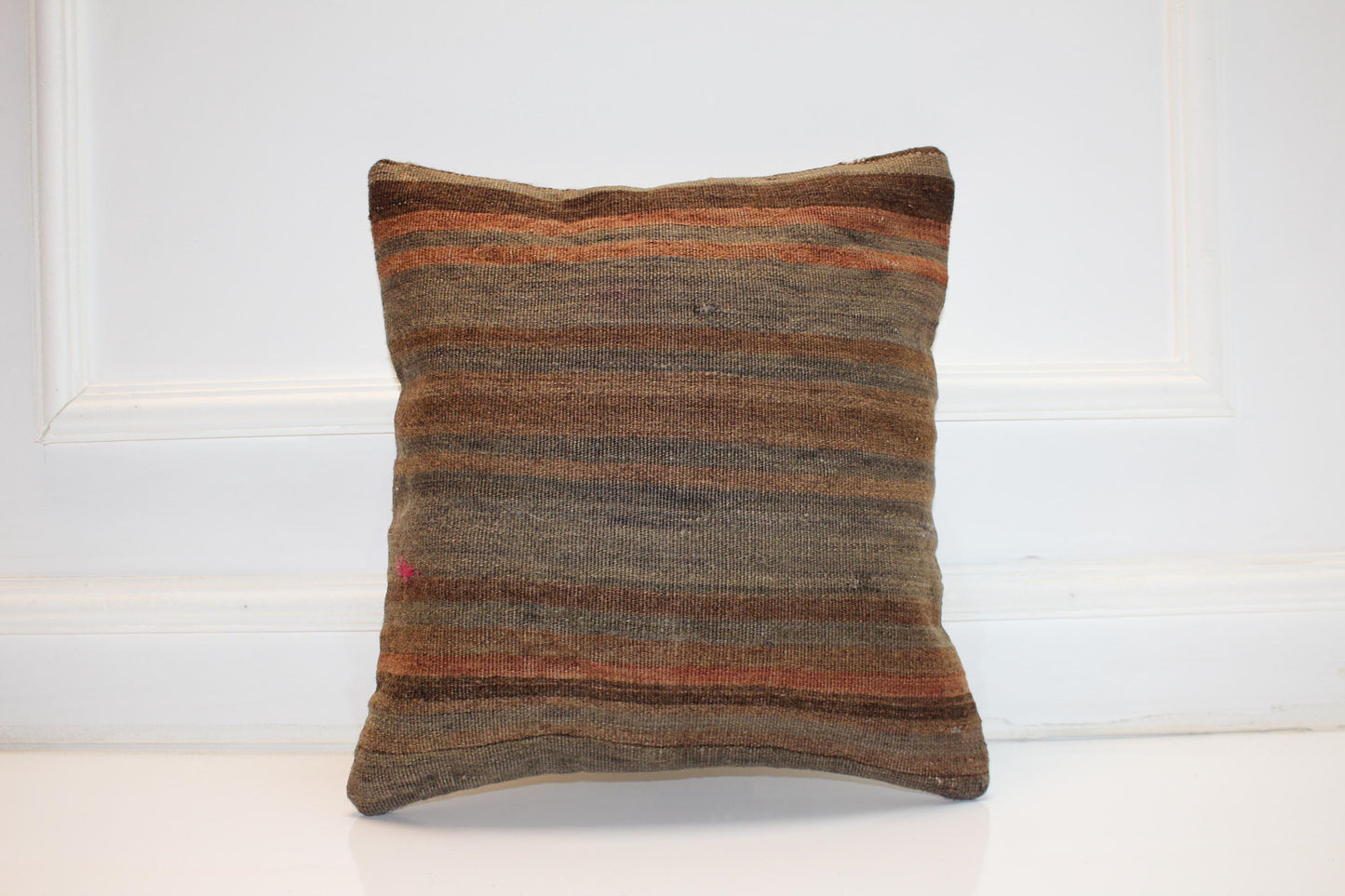 Striped Kilim Pillow Cover, Earth Tone Woven Rug, Boho Decor (16x16 in)