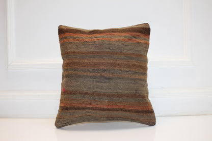 Striped Kilim Pillow Cover, Earth Tone Woven Rug, Boho Decor (16x16 in)