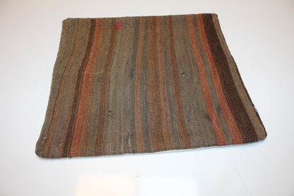 Striped Kilim Pillow Cover, Earth Tone Woven Rug, Boho Decor (16x16 in)