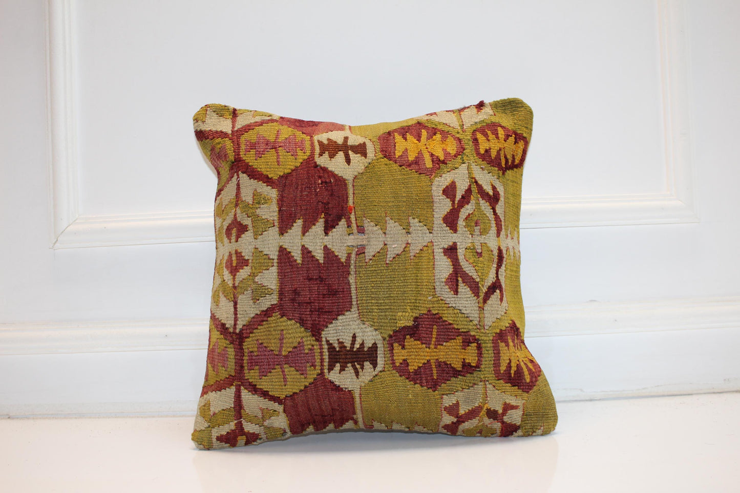 Handwoven Anatolian Rug Cushion, Boho Ethnic Decor, Rustic Sofa Accent, 16x16