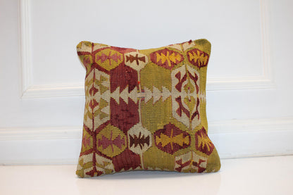 Handwoven Anatolian Rug Cushion, Boho Ethnic Decor, Rustic Sofa Accent, 16x16