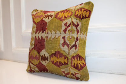 Handwoven Anatolian Rug Cushion, Boho Ethnic Decor, Rustic Sofa Accent, 16x16
