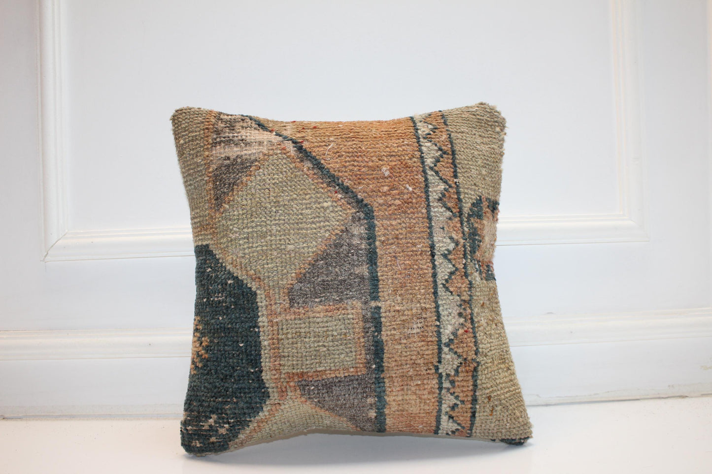 Handwoven Anatolian Rug Cushion, Neutral Boho Decor, Rustic Sofa Accent, 16x16