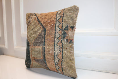 Handwoven Anatolian Rug Cushion, Neutral Boho Decor, Rustic Sofa Accent, 16x16