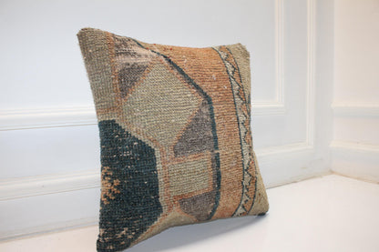 Handwoven Anatolian Rug Cushion, Neutral Boho Decor, Rustic Sofa Accent, 16x16