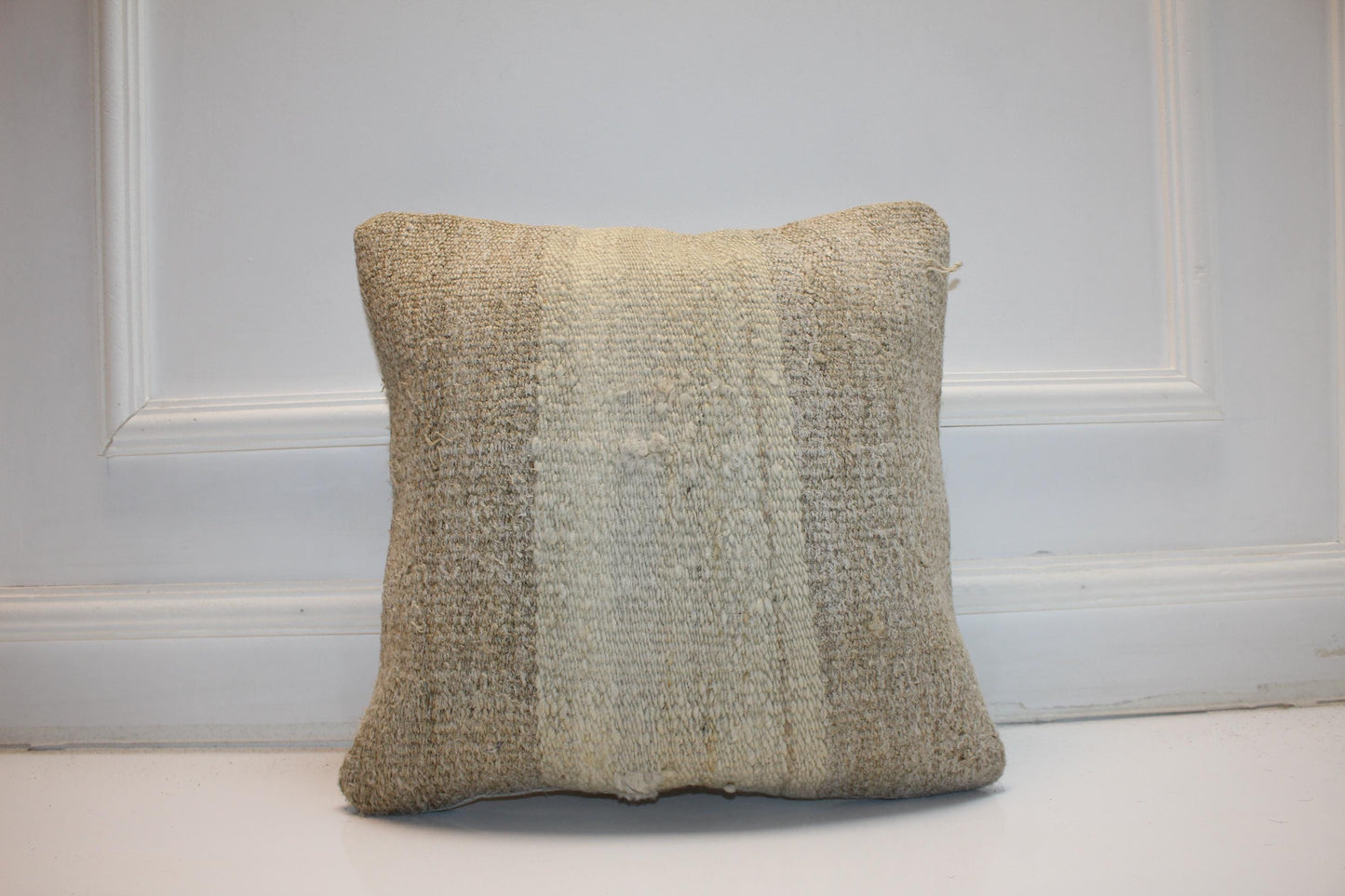 Handwoven Neutral Anatolian Rug Cushion, Minimal Wabi Sabi Decor, Rustic Sofa Pillow, 16x16