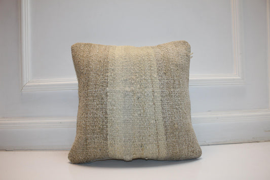 Handwoven Neutral Anatolian Rug Cushion, Minimal Wabi Sabi Decor, Rustic Sofa Pillow, 16x16