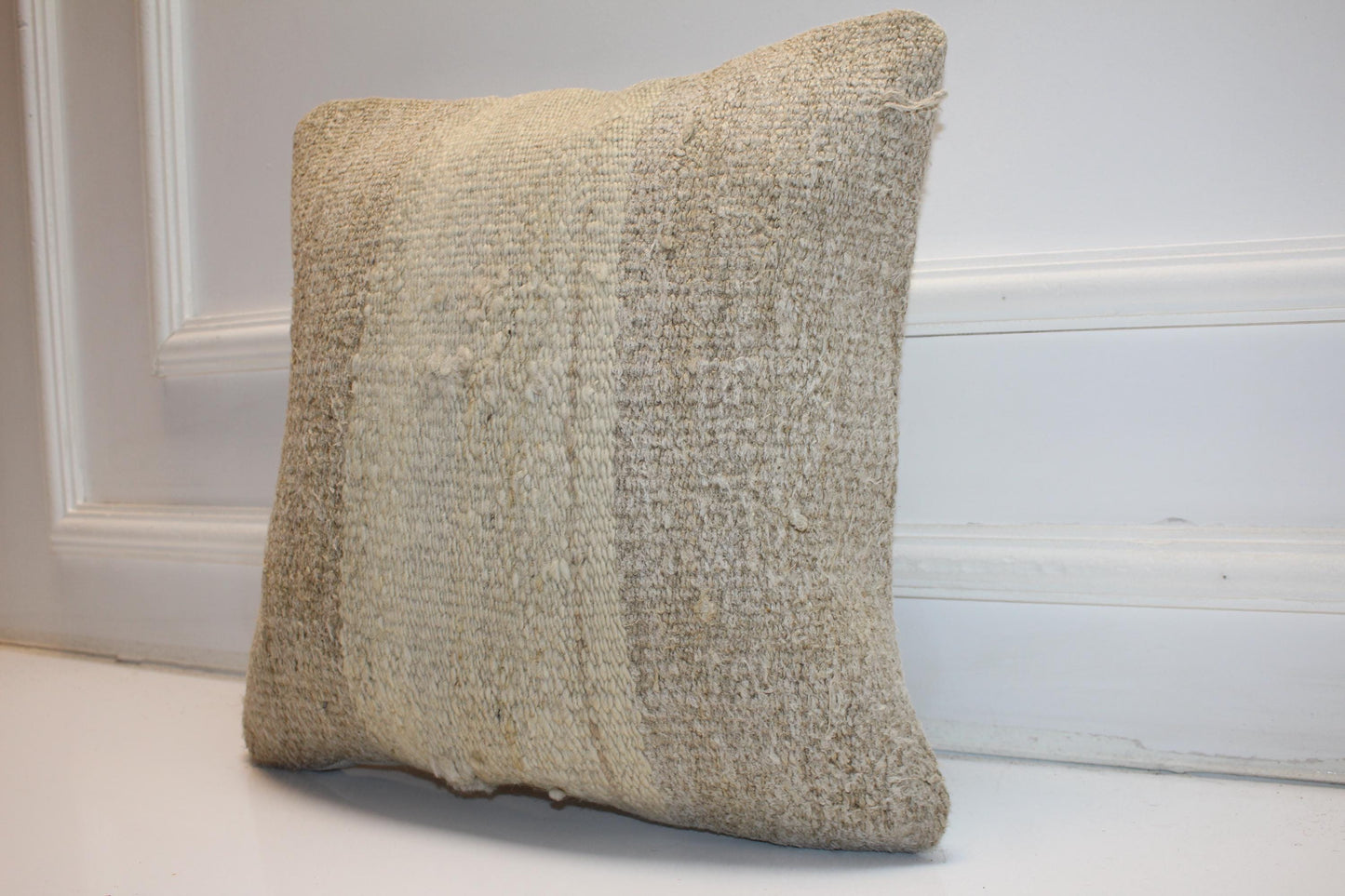 Handwoven Neutral Anatolian Rug Cushion, Minimal Wabi Sabi Decor, Rustic Sofa Pillow, 16x16
