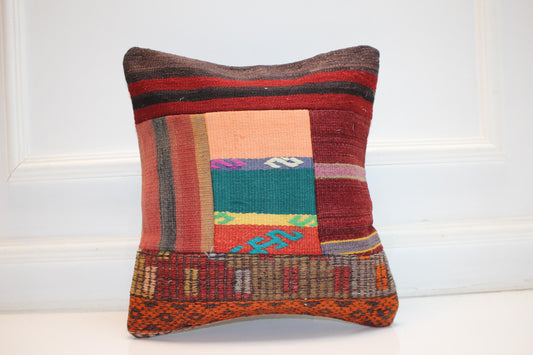 Vintage Turkish Kilim Pillow Cover, Handwoven Anatolian Rug Cushion, Colorful Boho Patchwork Decor,16x16