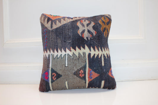 Handwoven Anatolian Rug Cushion, Tribal Boho Decor, Dark Earth Tone Sofa Pillow, 16x16